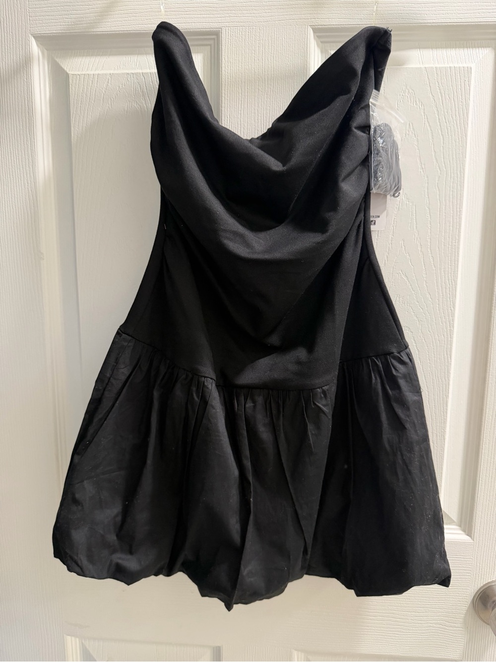 Madden Girl Black Strapless Cowl Bubble Hem Mini Dress